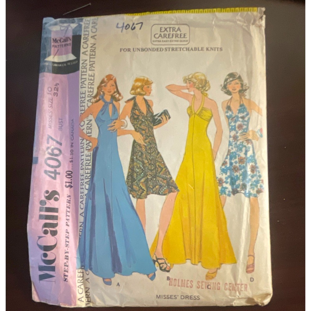 McCall's 4067 Vintage 1974 Carefree Misses Dress Sewing Pattern Size 10 Halter